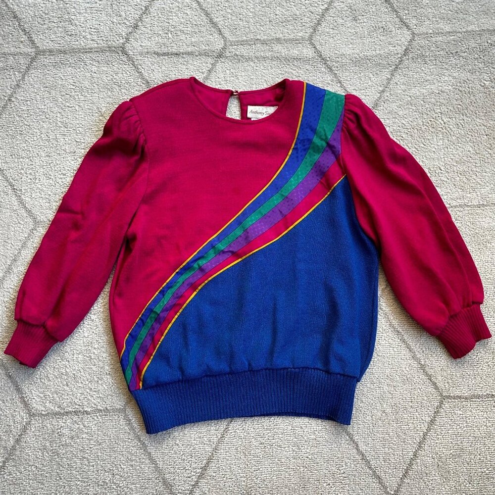 80s Vintage Anthony Sicari Multi-Colored Puff Rainbow Detail Sweater Sz 14